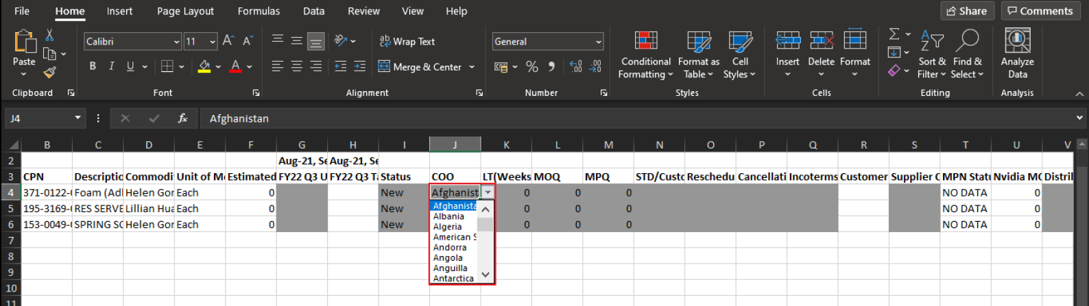 Country of Origin Excel